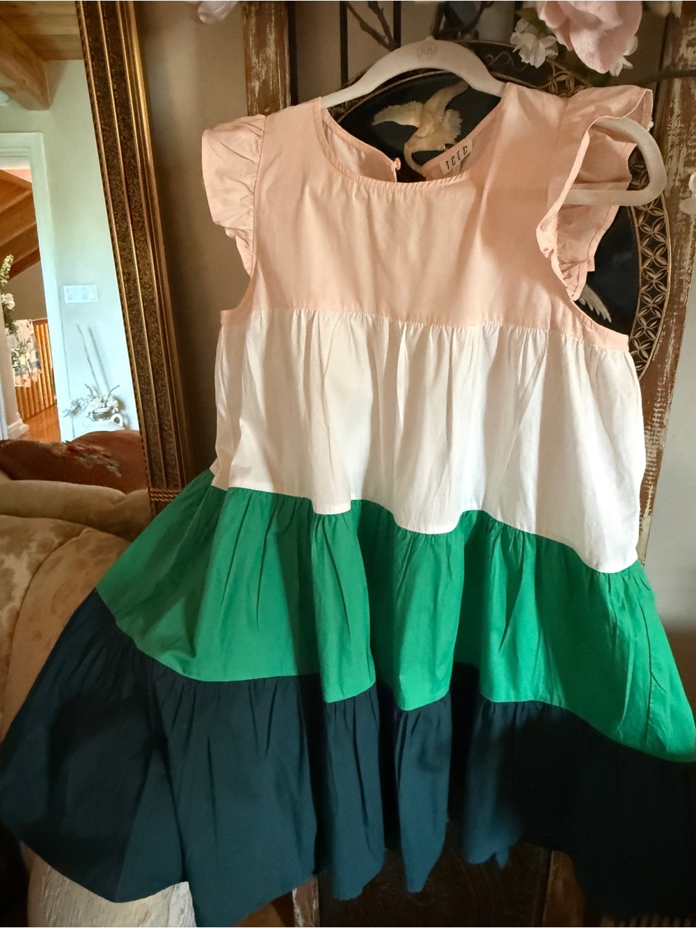 TCEC 100% Cotton Pink White Green Teal Colorblock Tiered Ruffle Sleeve Dress - Picture 9 of 9